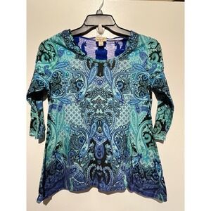 One World Paisley Rhinestone Sharkbite‎ Top Blue Turquoise Lace Back PM